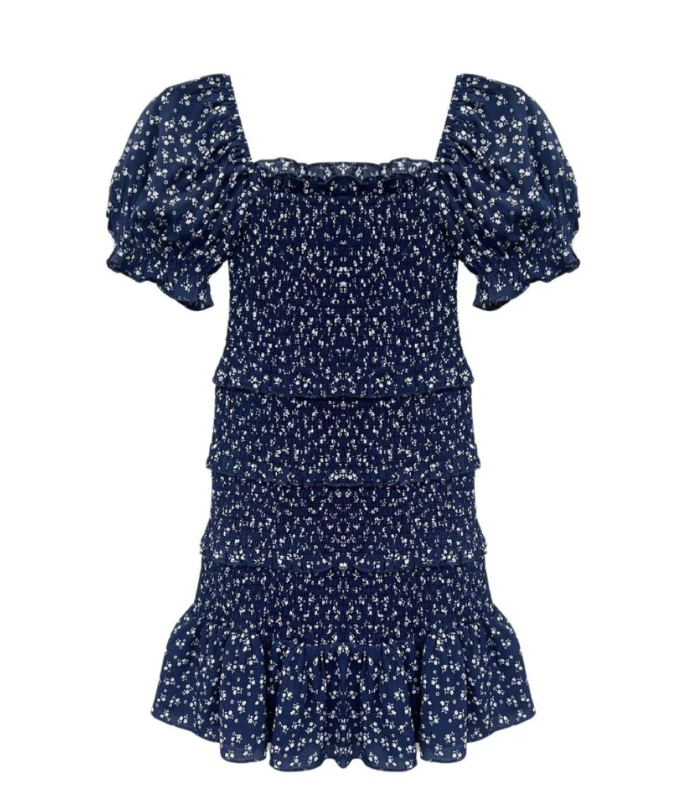 navy blue ditsy floral dress Navy Ditsy Floral V-Neck Smocked Mini Dress